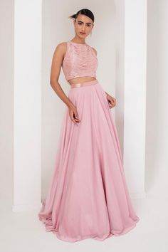 Pastel pink sleeveless halter neck blouse with all over tonal nalki chain embellishments. Paired with a solid embroidered waistband lehenga. - Aza Fashions Pink Sleeveless Lehenga, Blouse With Lehenga, Halter Neck Blouse, Halter Neck Blouses, Embellished Blouse, Aza Fashion, Halter Neck, Pastel Pink, Lehenga