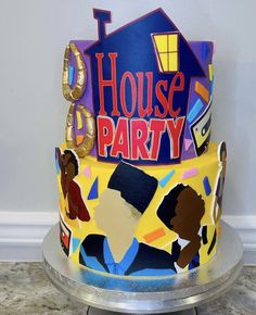 a house party cake on a silver platter