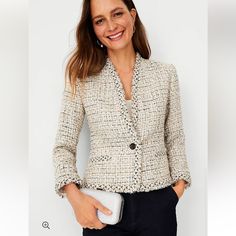 Brand New, Never Worn. Beautiful Tweed Jacket. Raw-Edged For Extra Fringe Appeal, Our Cutaway Tweed Jacket Is More Than Up To The Job - Any Time Of Day (Or Night). V-Neck. Long Sleeves. One-Button Front. Front Welt Pockets. Fit Softly Fitted Additional Details 21" Long Fabric & Care Shell: 53% Polyester, 42% Acrylic, 4% Wool, 1% Other Fiber Machine Washable Imported Hit Hits At Waist Style # 599390 Taylor White, Time Of Day, Tweed Jacket, Effortless Style, Blazer Suit, Fabric Care, Ann Taylor, Suit Jacket, Long Sleeve Blouse