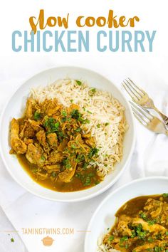 two bowls of slow cooker chicken curry with rice