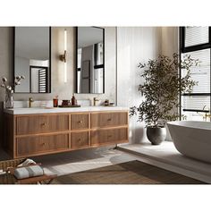 a bathroom with a tub, sink and mirror next to a plant in a vase