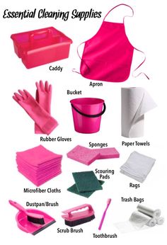 various types of cleaning supplies are shown in this graphic above the words, essential cleaning supplies