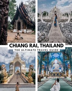 the ultimate travel guide to thailand with images of temples, statues and people in white outfits