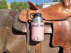 a close up of a horse with a pink water bottle on it's back