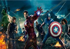 the avengers movie poster is shown in front of an image of many superheros and fire