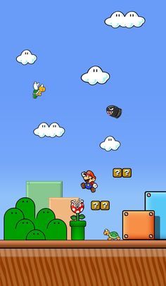 an image of mario and luigi in the air with clouds above them, as well as buildings