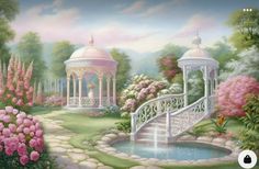 a painting of a garden with flowers and a gazebo