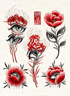 some red flowers and eyes on a white background