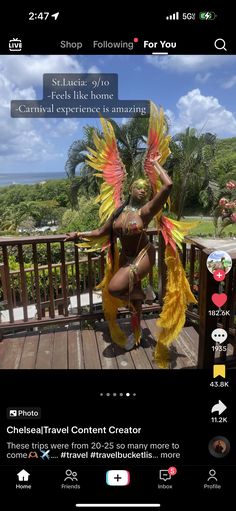 an image of a woman in costume sitting on a deck with the caption below