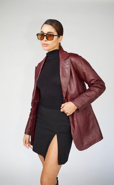 Express yourself in this stunning burgundy 90's inspired leather blazer. A staple blazer that can be worn dressed up or dressed down for all occasions year after year. Genuine sheepskin leather. Model is 5'8/119lbs wearing size small. Womens Leather Blazer, 90s Red Leather Jacket, Burgundy Leather Blazer, Burgundy Leather Jacket Outfit Women, Red Leather Coat Outfit, Red Velvet Blazer Outfit, Burgundy Leather Coat, Blazer Fall Outfits, Leather Blazers