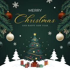 merry christmas and happy new year greeting card with tree, presents and snowflakes