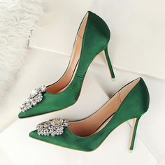 Crystal Embellished Satin Pumps - 7 Colors Heels Rhinestone, Crystal Pumps, Plus Size Pink, Elegant Plus Size, Vintage Sandals, Green Heels, 1 Aesthetic, Fancy Shoes, Satin Heels