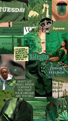 the collage shows many different green things in this photo, including an image of a woman's face