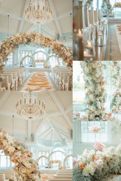 the wedding ceremony is decorated with flowers, candles and chandeliers for an elegant touch