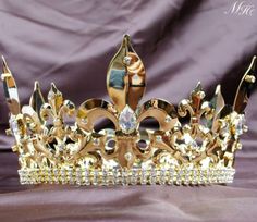 Gold-Full-Crowns-Imperial-Medieval-Crystal-Tiaras-Pageant-Party-Costumes-For-Men Crown Imperial, Crystal Crowns, Handmade Tiaras, Party Costumes, Gold Tiara, Bridal Gloves, Head Jewelry, Large Crystal, Handmade Headbands