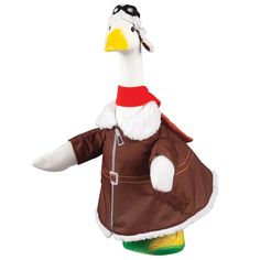 a stuffed duck wearing a brown jacket and green pants with sunglasses on it's head