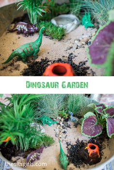 the dinosaur garden is made from clay and plastic plants are in dirt with rocks, grass, and gravel