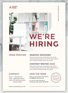 a flyer for an open position graphic designer, with the words we're hiring on it