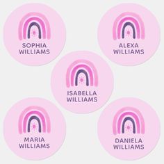 four pink stickers with the names of three different children's rooms and rainbows