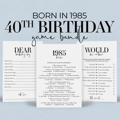 an image of birthday games for adults with the words born in 1985 and fortyth birthday game bundle