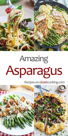 the cover of amazing asparagus recipe book with pictures of different dishes and vegetables