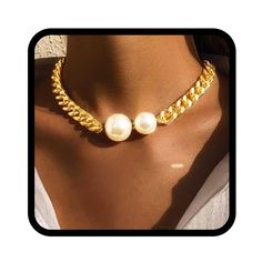 PRICES MAY VARY. Chucky choker necklace is made of alloy link and pearls，size data is shown in the image . Thick necklaces chain will instantly elevate your casual outfits. Its understated yet glamorous design pairs perfectly with everything from crisp white shirts and jeans to flowy sundresses, adding a touch of refined sophistication to your everyday look. Gold pearl chocker showcases a rich gold hue that beautifully enhances the warm, iridescent glow of the pearls. Pearl pandent gold chain fe Party Pearl Necklace With Alloy Chain, Trendy Gold Pearl Choker Necklace, Party Alloy Pearl Chain Necklace, Party Pearl Chain Necklace In Alloy, Trendy Pearl Necklace With Chain For Parties, Trendy Gold Pearl Chain Choker, Trendy Gold Choker With Pearl Chain, Metal Pearl Pendant Necklace For Party, Metal Chain Necklace With Pearl Pendant For Party