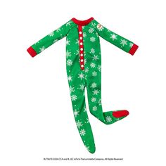 a green christmas pajamas with snowflakes and red trims on the bottom, is shown