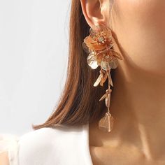 Golden Metal Flower Tassel Earrings – Glam Duchess Waterfall Necklace, Flower Earring, Woman Personality, Lace Earrings, Golden Earrings, Luxury Flowers, Summer Earring, Metal Flowers, Copper Earrings