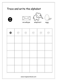 trace and write the alphabet worksheet with an elephant, egg, and letter e