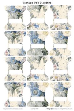 vintage tab dividers with blue and white flowers