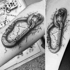 two tattoos with chains on their arms and one has a wrench attached to it