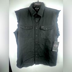 Brand New With Tags Size Xl Casual Sleeveless Vest For Biker Events, Black Cotton Grunge Vest, Black Cotton Punk Vest, Urban Style Black Cotton Vest, Black Sleeveless Cotton Shirt, Biker Style Cotton Shirt For Streetwear, Casual Cotton Shirt For Biker Events, Button Collar Shirt, Khaki Shirt