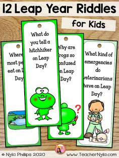 two leap year riddles for kids with frog and dog on the front, one is green