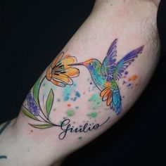 a colorful hummingbird tattoo on the left arm