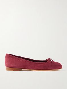 MANOLO BLAHNIK Veralli bow-detailed suede ballet flats | NET-A-PORTER Chic Suede Ballet Flats, Chic Suede Ballet Flats With Flat Heel, Chic Suede Ballet Flats For Work, Elegant Suede Ballet Flats, Chic Suede Ballet Flats With Round Toe, Suede Ballet Flats, Exclusive Dress, Raffia Bag, Ballet Pumps