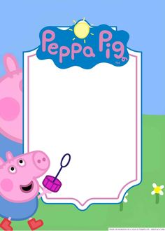 peppa pig holding a shovel and standing in front of a sign with the words peppa pig on it