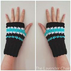 two photos of hands with crocheted wrist warmers, one in black and the other in turquoise