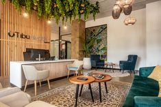 a living room filled with furniture and plants hanging from the ceiling