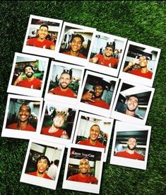 several polaroid photos of men in red shirts on green grass