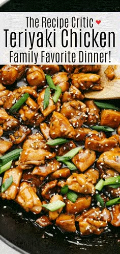 the recipe for teriyaki chicken is in a skillet with green onions and sesame seeds