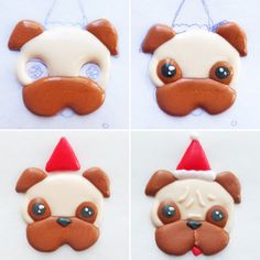 four different pictures of dogs with santa hats on their heads and noses, all decorated in icing