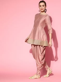 Dirty Pink Panelled Kurta with Dhoti Pants and Organza Dupatta - Inddus.com Dhoti Kurta Sets For Women, Frock And Dhoti Salwar, Peplum With Dhoti Pants, Suit Dhoti Design, Kurta Set With Organza Dupatta, Indian Kurta Styles For Women, Dhoti Anarkali Dress, Pakistani Dhoti Suits, Pink Dhoti Outfit