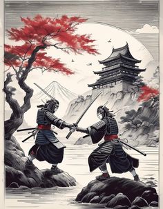 two samurais holding swords in front of a tree