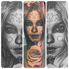 a woman's face with roses and cross tattoos on her arm, next to another tattoo