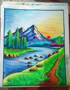 a drawing of a mountain lake and trees