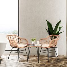 two wicker chairs sitting on top of a wooden floor next to a potted plant