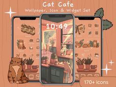 the cat cafe wallpaper, icon and widget set is displayed on two smartphones