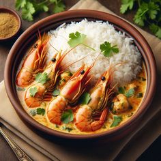 a bowl filled with shrimp and rice on top of a table