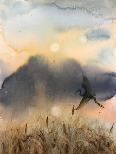 a painting of a bird flying in the sky over a field with tall grass and clouds