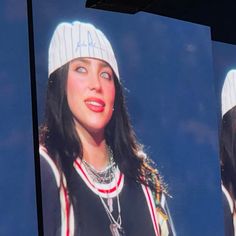 two pictures of a woman with long hair and wearing a beanie, one is looking up at the sky